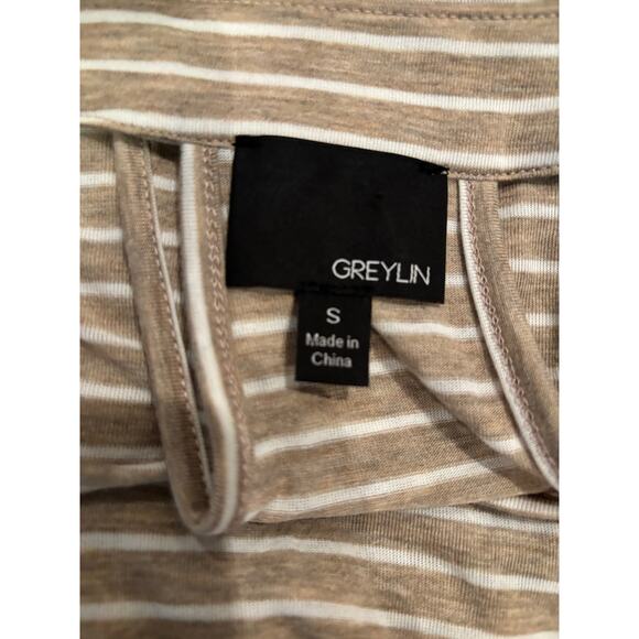 Greylin Anthropologie Belted Stripe Beige, White Short Sleeve Dress, Sz Sm EUC - Picture 4 of 4